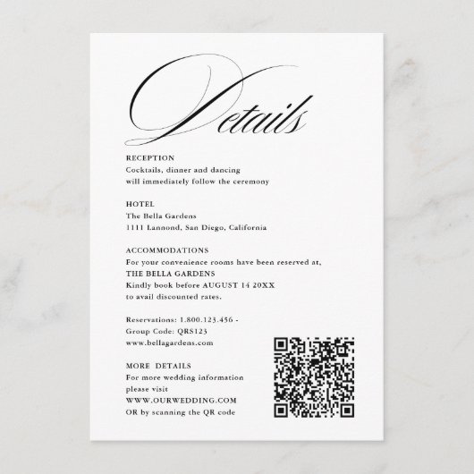 Romantic Script Calligraphy Details QRcode Wedding Informatiekaartje (Voorkant)