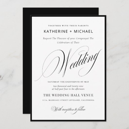 Romantic Script Calligraphy Simple & Chic Wedding Kaart (Voorkant / Achterkant)