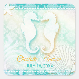 Romantic Seahorse Pair Beach Wedding Save the Date Vierkante Sticker