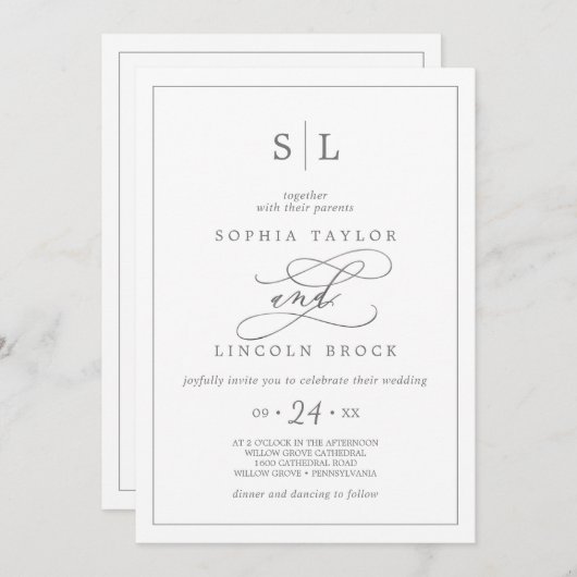 Romantic Silver Calligraphy Monogram Wedding Kaart (Voorkant / Achterkant)