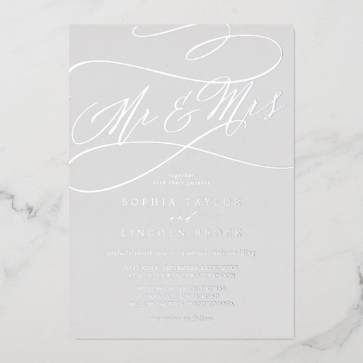 Romantic Silver Foil Grey Mr & Mrs Wedding Folie Uitnodiging (Voorkant)