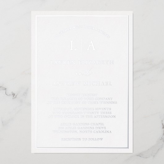 Romantic Silver Foil Monogram Border Weddenschap Folie Uitnodiging (Voorkant)