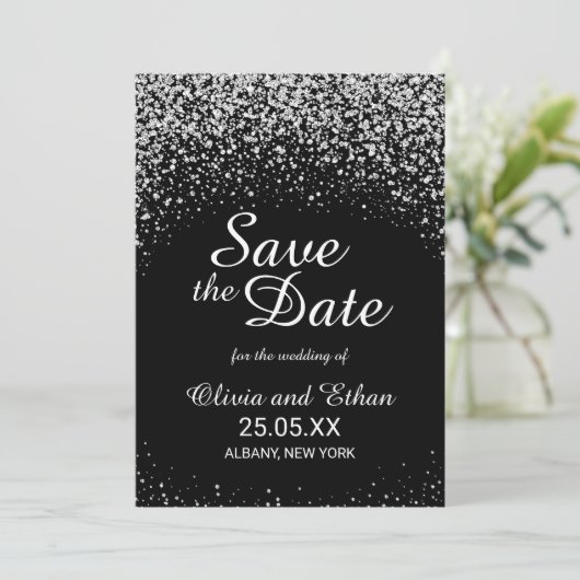 Romantic Silver Glitter Night Sky Save The Date (Staand voorkant)