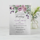 Romantic Silver Paars Roos Floral Wedding Invite Kaart (Staand voorkant)