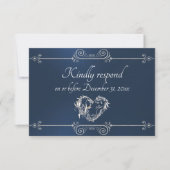 Romantic Silver Scroll Heart on Blue RSVP Kaartje (Voorkant)