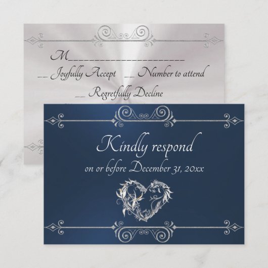 Romantic Silver Scroll Heart on Blue RSVP Kaartje (Voorkant / Achterkant)