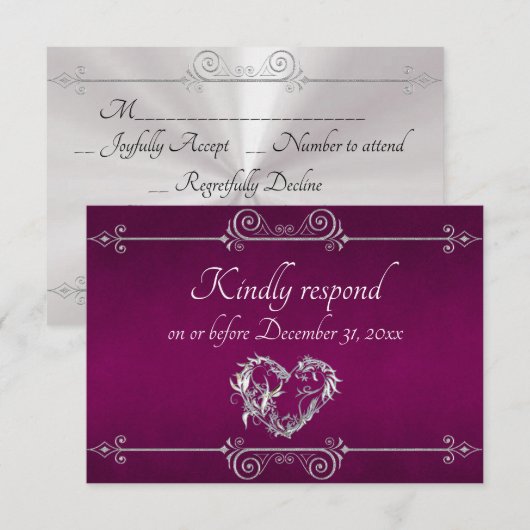 Romantic Silver Scroll Heart on Plum RSVP Kaartje (Voorkant / Achterkant)