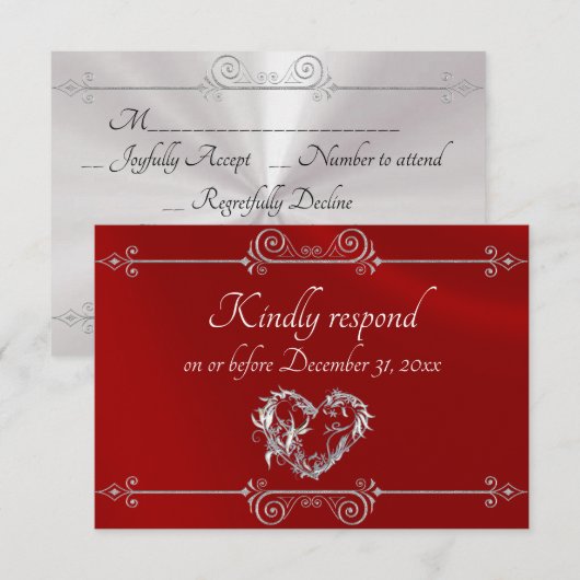 Romantic Silver Scroll Heart on Red RSVP Kaartje (Voorkant / Achterkant)