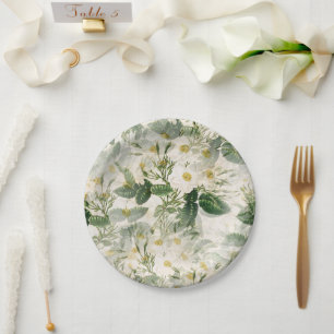 Romantic Smooth White Flowers en Green Leaves Papieren Bordje