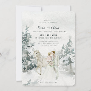 Romantic Snowy Winter Forest met Bride en Groom Kaart