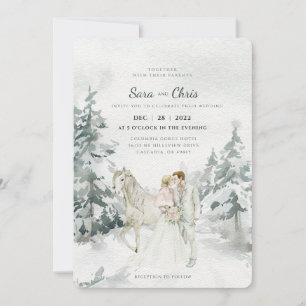 Romantic Snowy Winter Forest met Bride en Groom Kaart