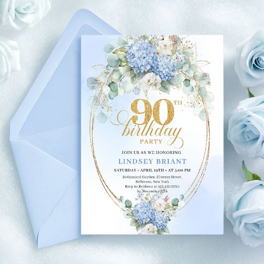 Romantic Soft Blue Hydrangea 90th Birthday Invite Kaart