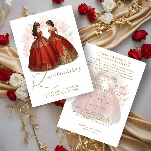 Romantic Spanish Quinceañera Twins Red & Golden Kaart