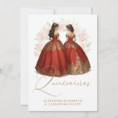 Romantic Spanish Quinceañera Twins Red & Golden Kaart (Voorkant)