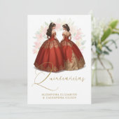 Romantic Spanish Quinceañera Twins Red & Golden Kaart (Staand voorkant)