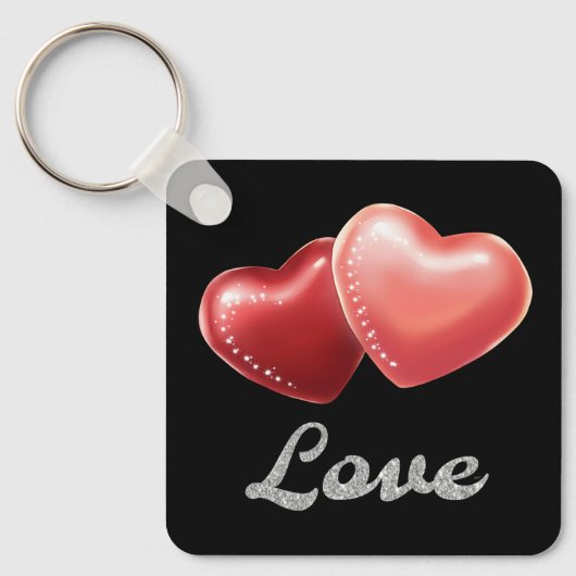 Romantic Sparkling Red Hearts "Love" Glitter Desig Sleutelhanger (Voorkant)