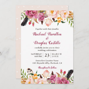 Romantic Spring Boho Floral Feather Wedding Kaart
