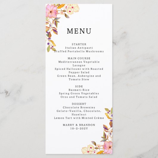 Romantic Spring Floral Wedding Menu Kaart (Voorkant)