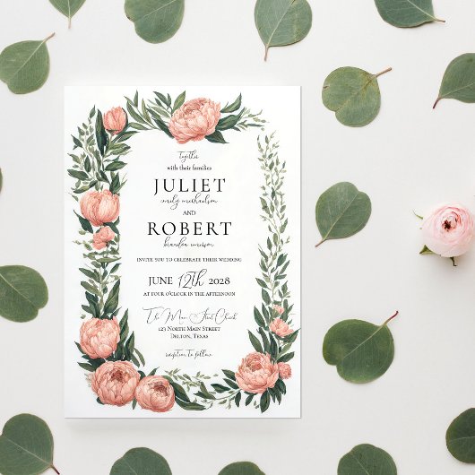 Romantic Spring Pink Peony Leaf Border Wedding Kaart