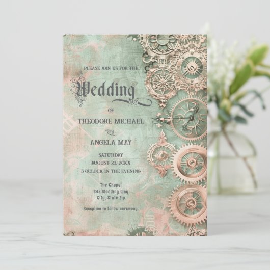 Romantic Steampunk Gears Wedding Invitation (Debout devant)