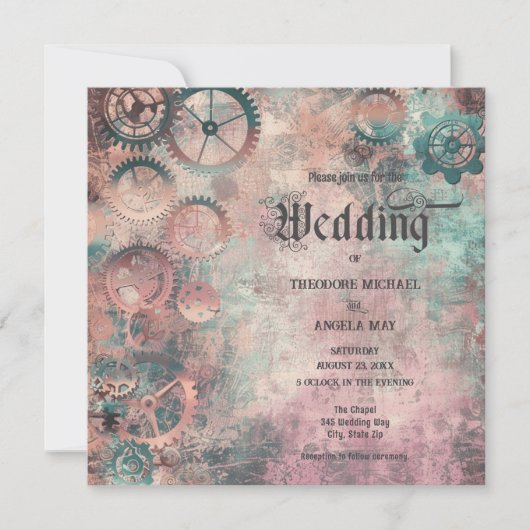 Romantic Steampunk Gears Wedding Invitation (Devant)
