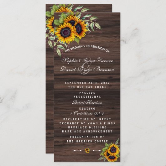Romantic Sunflower Wood Wedding Programme Programma (Voorkant / Achterkant)