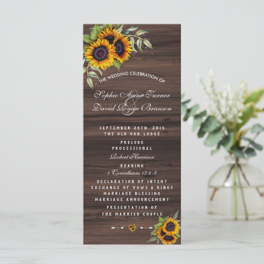 Romantic Sunflower Wood Wedding Programme Programma (Staand voorkant)