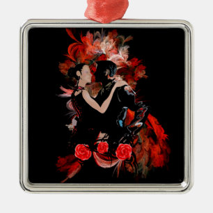 Romantic tango dansers op rode fractal metalen ornament