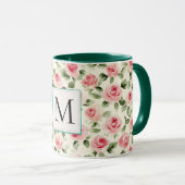 Romantic Teal Blush Pink Roses Floral Monogram Mok (Voorkant rechts)