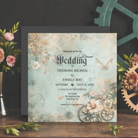 Romantic Teal Steampunk Gears Wedding Invitation Kaart