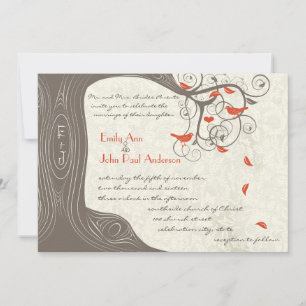 Romantic Tree Coral Love Bird Wedding Invitations Kaart