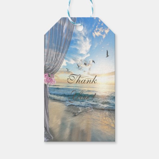 Romantic Tropical Beach, Sunset, Curtain, Flowers Cadeaulabel (Voorkant)