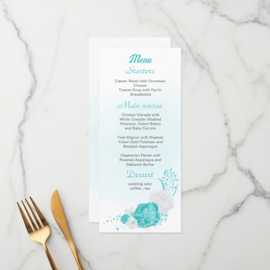 Romantic turquoise witte florale bruiloft menu (Voorkant / Achterkant in situ)