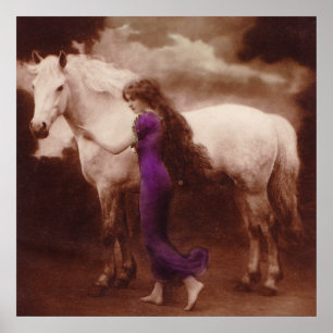 Romantic Victoriaans meisje met White Stallion Hor Poster