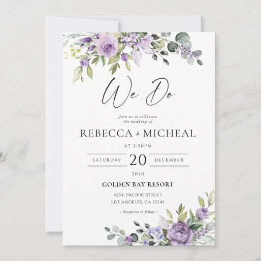 Romantic Violet Flowers Wedding Invitation (Devant)