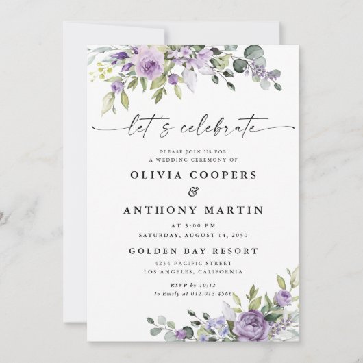 Romantic Violet Flowers Wedding Invitation Kaart (Voorkant)