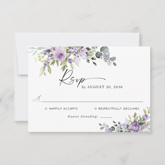 Romantic Violet Flowers Wedding RSVP Card (Devant)