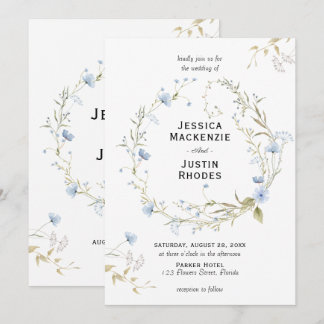 Romantic Watercolor Dusty Blue Wildflower Wedding Kaart