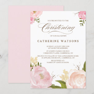 Romantic Waterverf Flowers Christening Uitnodiging
