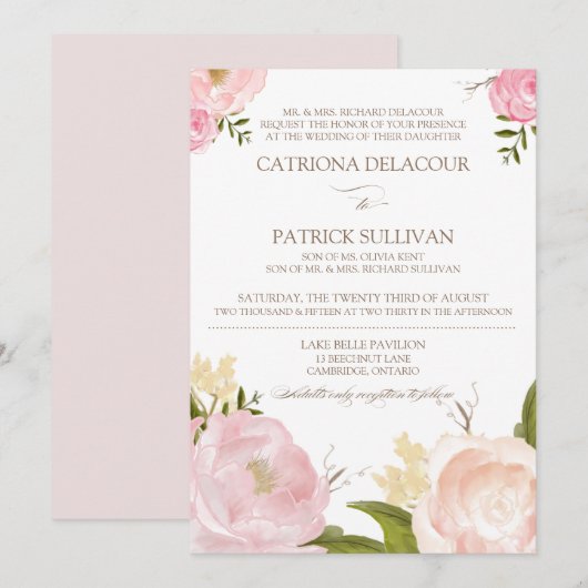 Romantic Waterverf Flowers Wedding Invitation V Kaart (Voorkant / Achterkant)