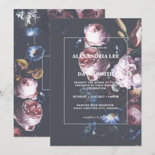 Romantic Wedding Dark Black Moody Pink Florals Kaart (Voorkant / Achterkant)