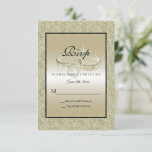 Romantic Wedding Rings, Gold Glitter Wedding RSVP Kaartje