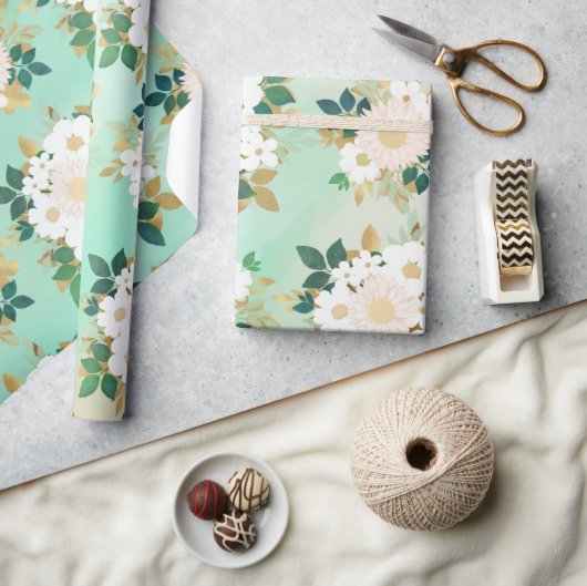 Romantic White Flowers Mint Waterverf Design Cadeaupapier (Crafts)