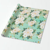 Romantic White Flowers Mint Waterverf Design Cadeaupapier (Uitgerold)