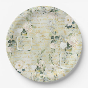 Romantic White Greenery & Gold Botanical Floral Papieren Bordje