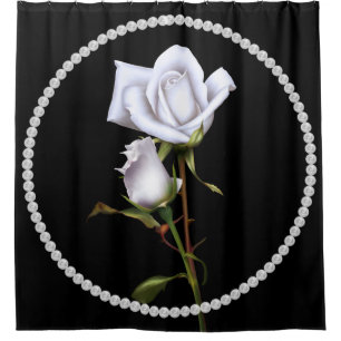Romantic White Roses Elegant Floral Chic Black Douchegordijn