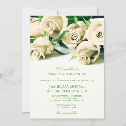 Romantic White Roses Wedding Invite Kaart (Voorkant)