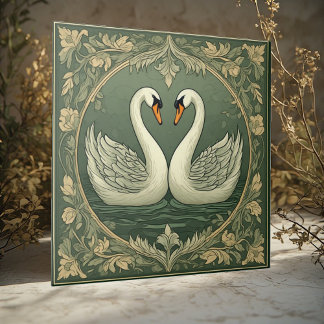 Romantic White Swan Couple Art Deco Pond Green Sea Tegeltje