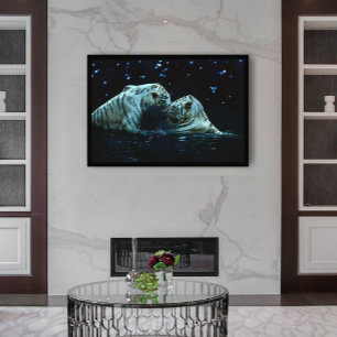 Romantic White Tiger Couple in Water at Night Poster