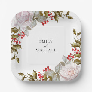 Romantic Winter Floral en Evergreens Wedding Papieren Bordje